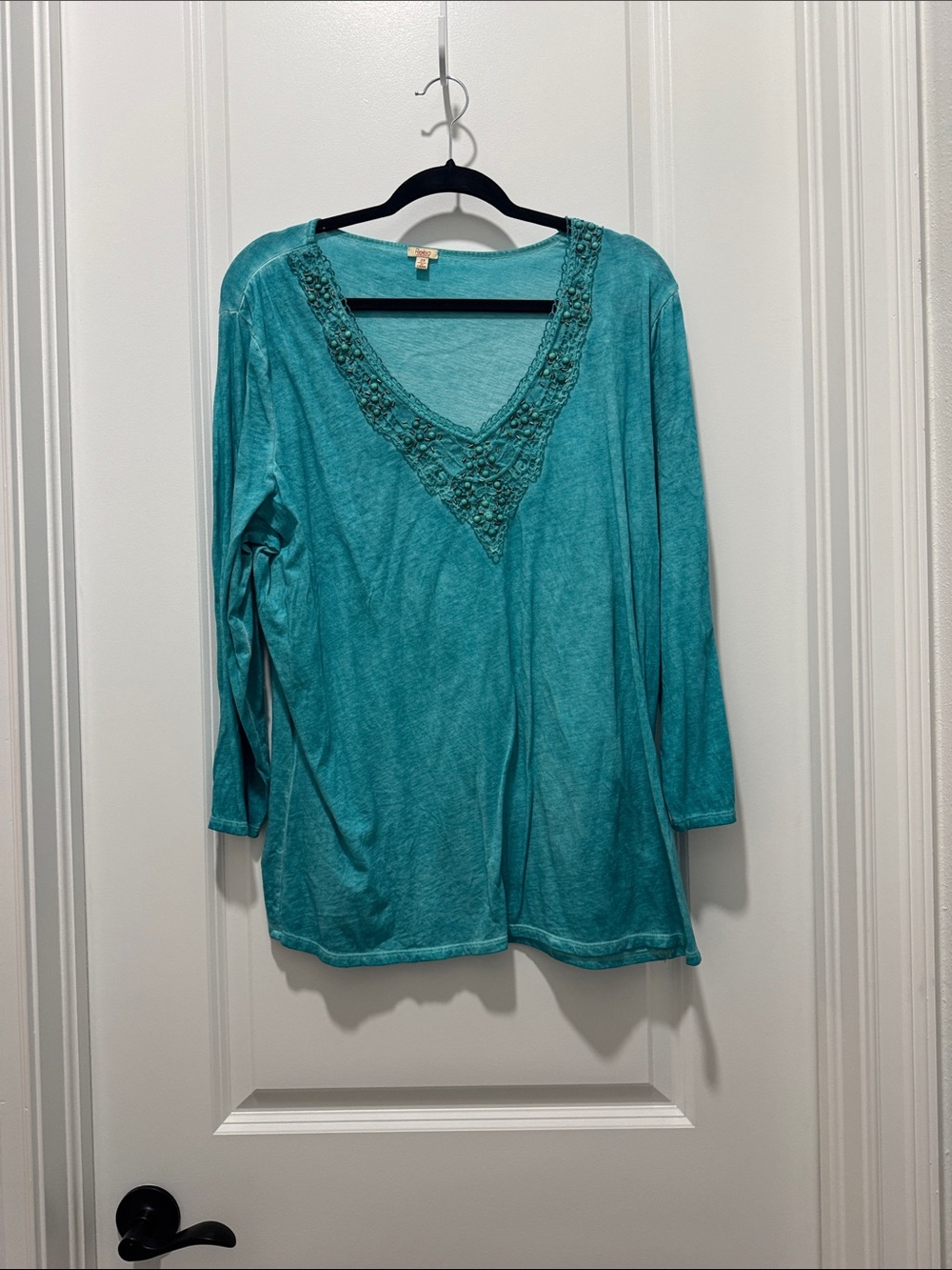 REBA  Teal V-Neck Embellished Long-Sleeve Top